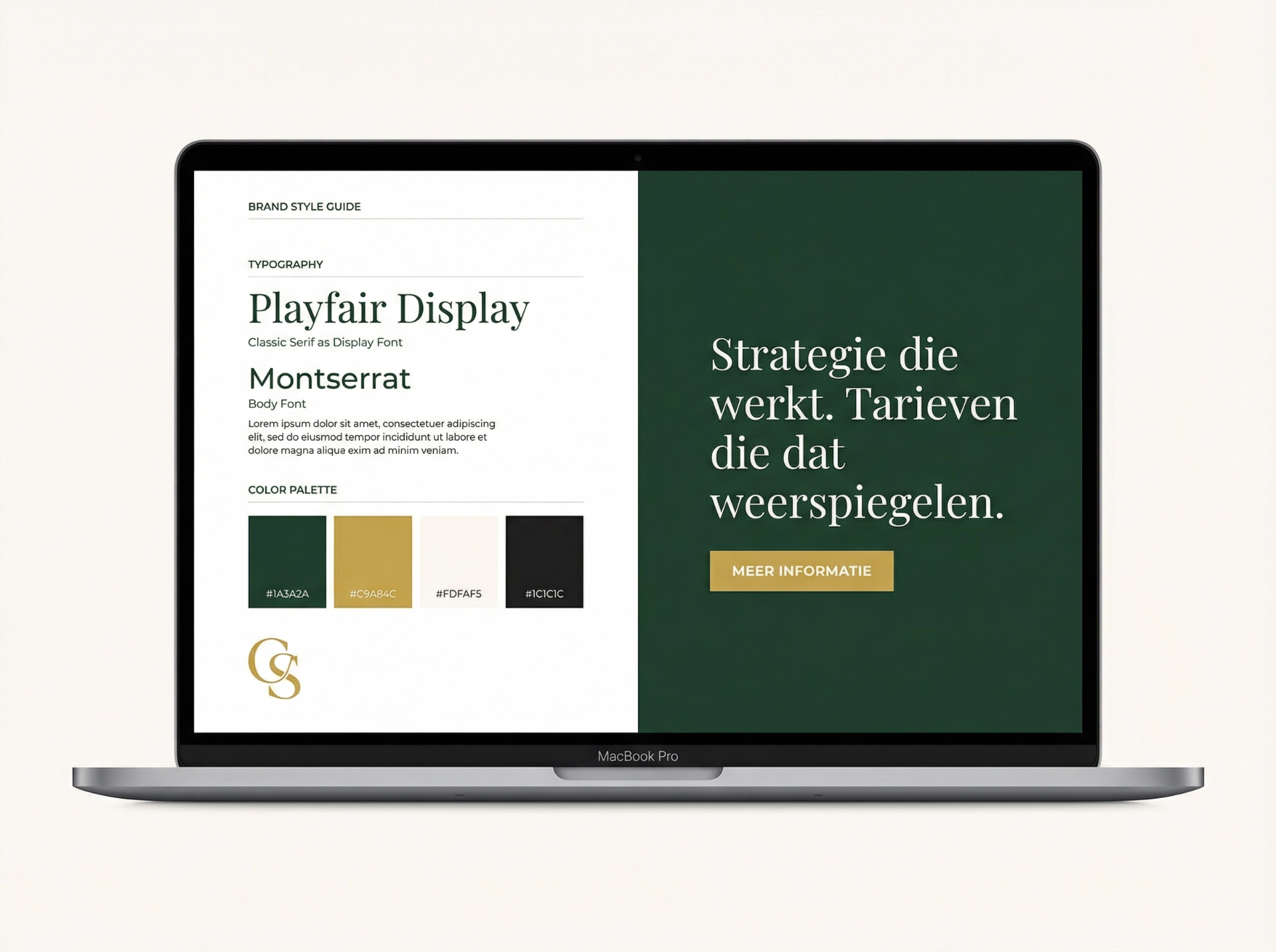 Brand style guide met klassieke typografie en elegant kleurenpalet