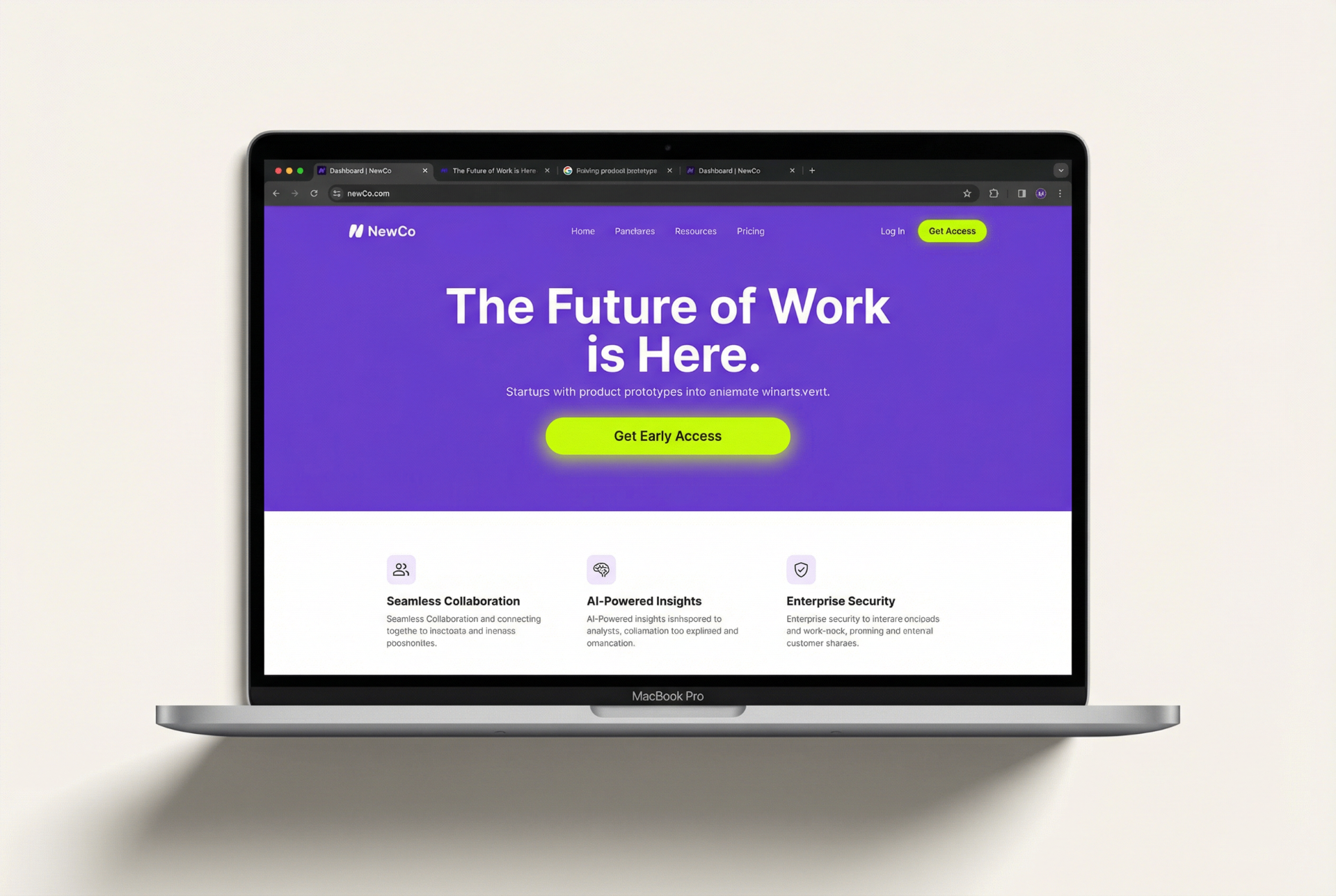 NewCo startup website prototype op een MacBook